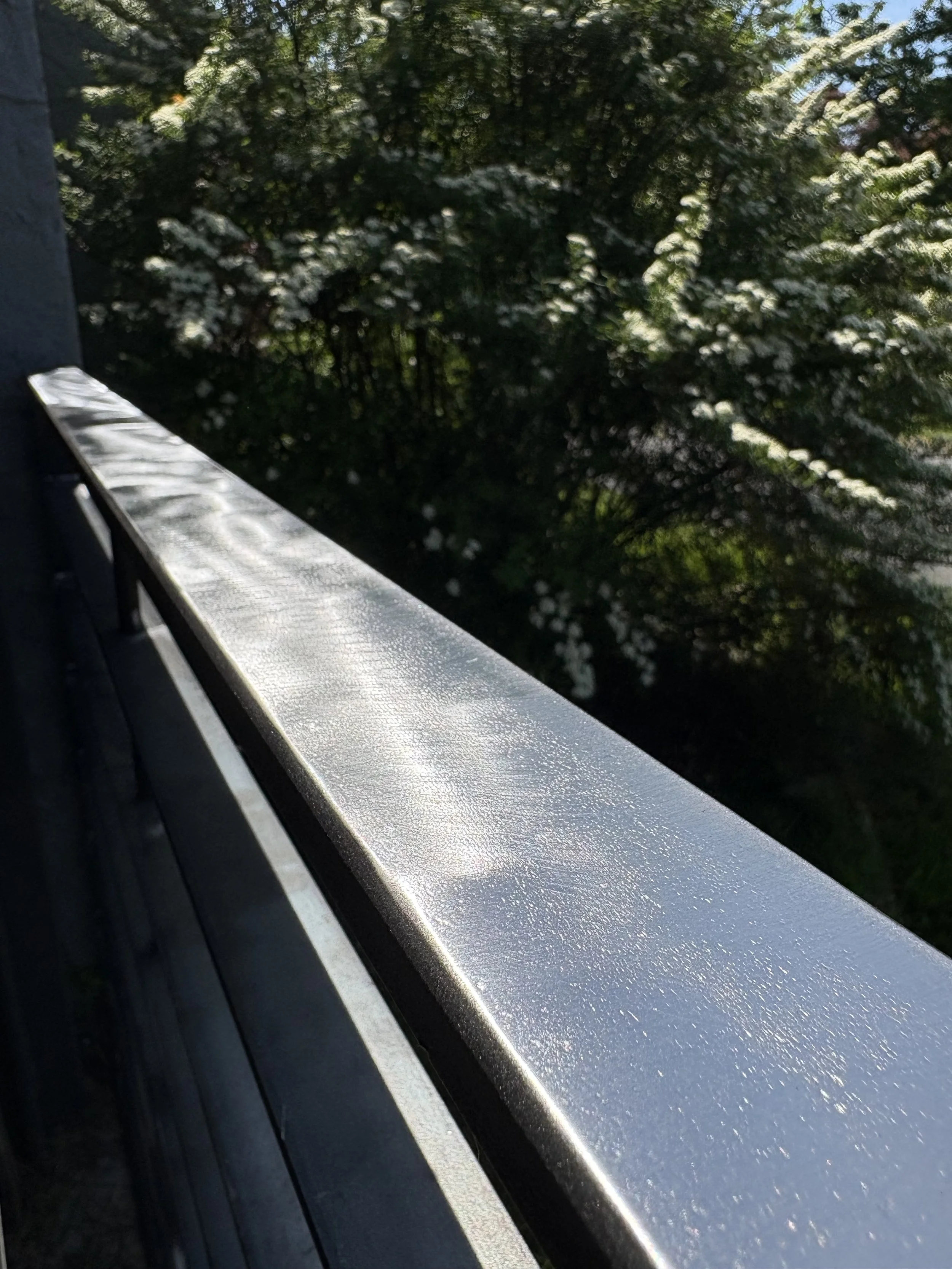 Close-up of a shiny metal railing on a balcony with blurred green trees and blue sky in the background.