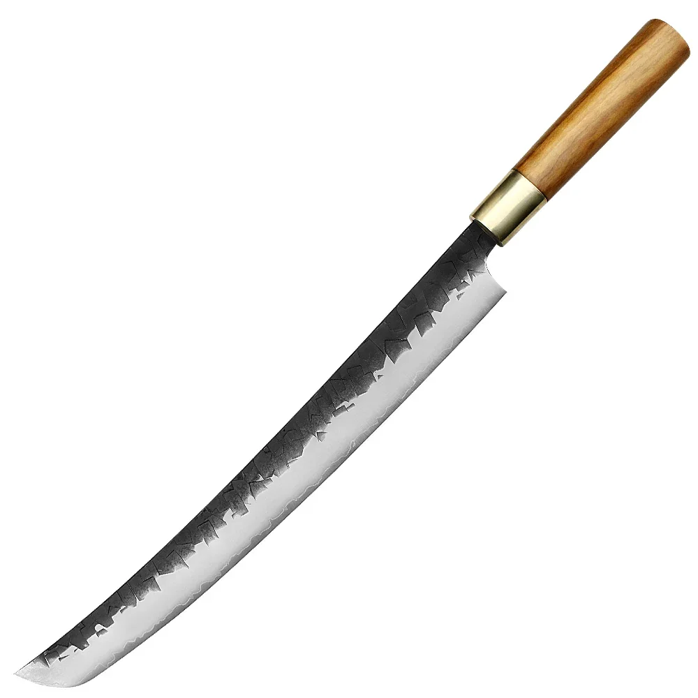 Kajiya Asakusa 13 Inch, Professional Brisket Knife, Black Hammered VG10 Blade, Olive Wood Handle