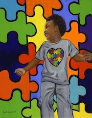 Child in gray pajamas with a heart-shaped puzzle piece design, standing against a background of large colorful puzzle pieces, with arms open wide.