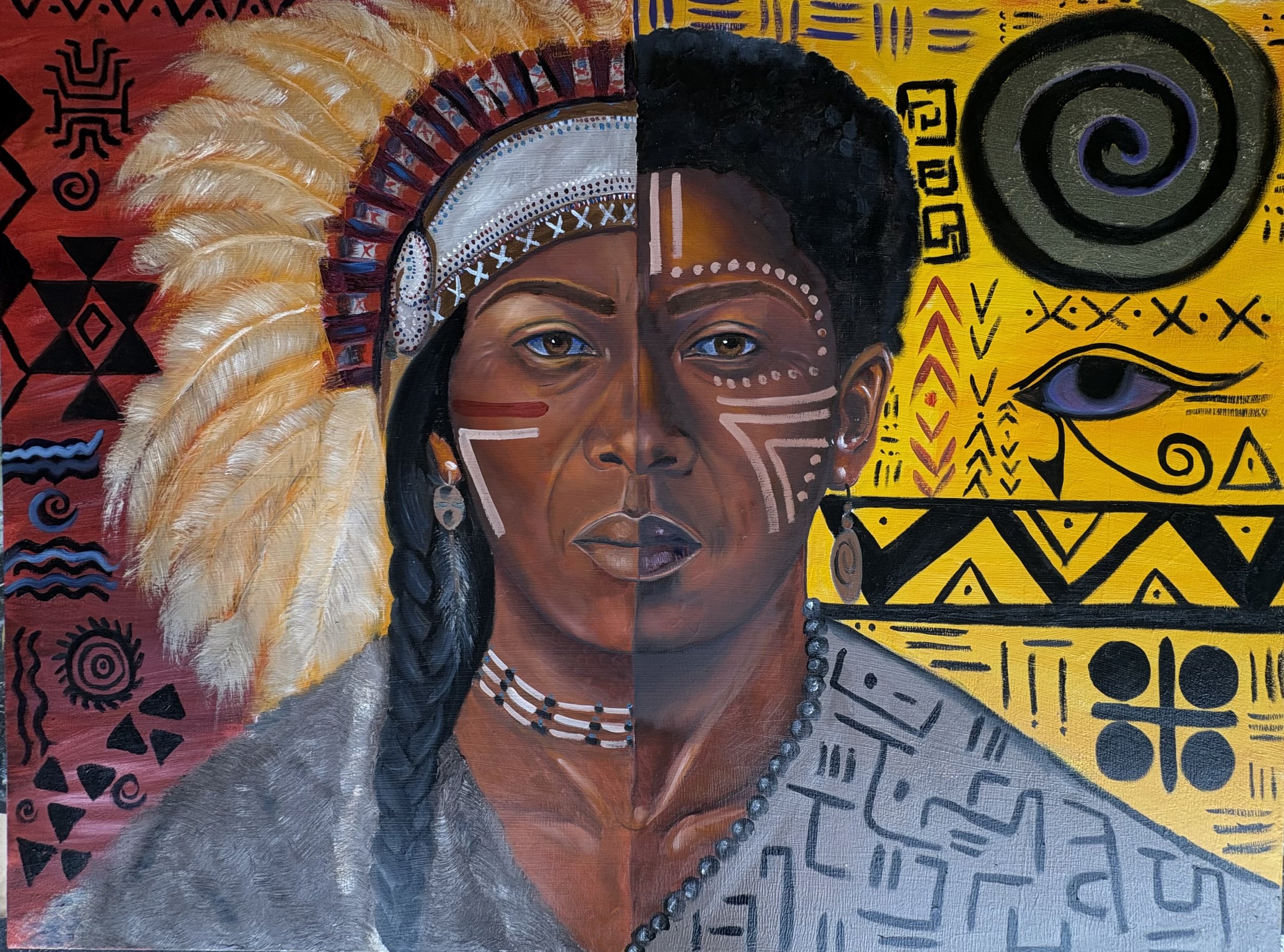 A colorful painting of a woman with traditional African face paint, jewelry, and a headdress made of feathers, decorated with tribal patterns and symbols.