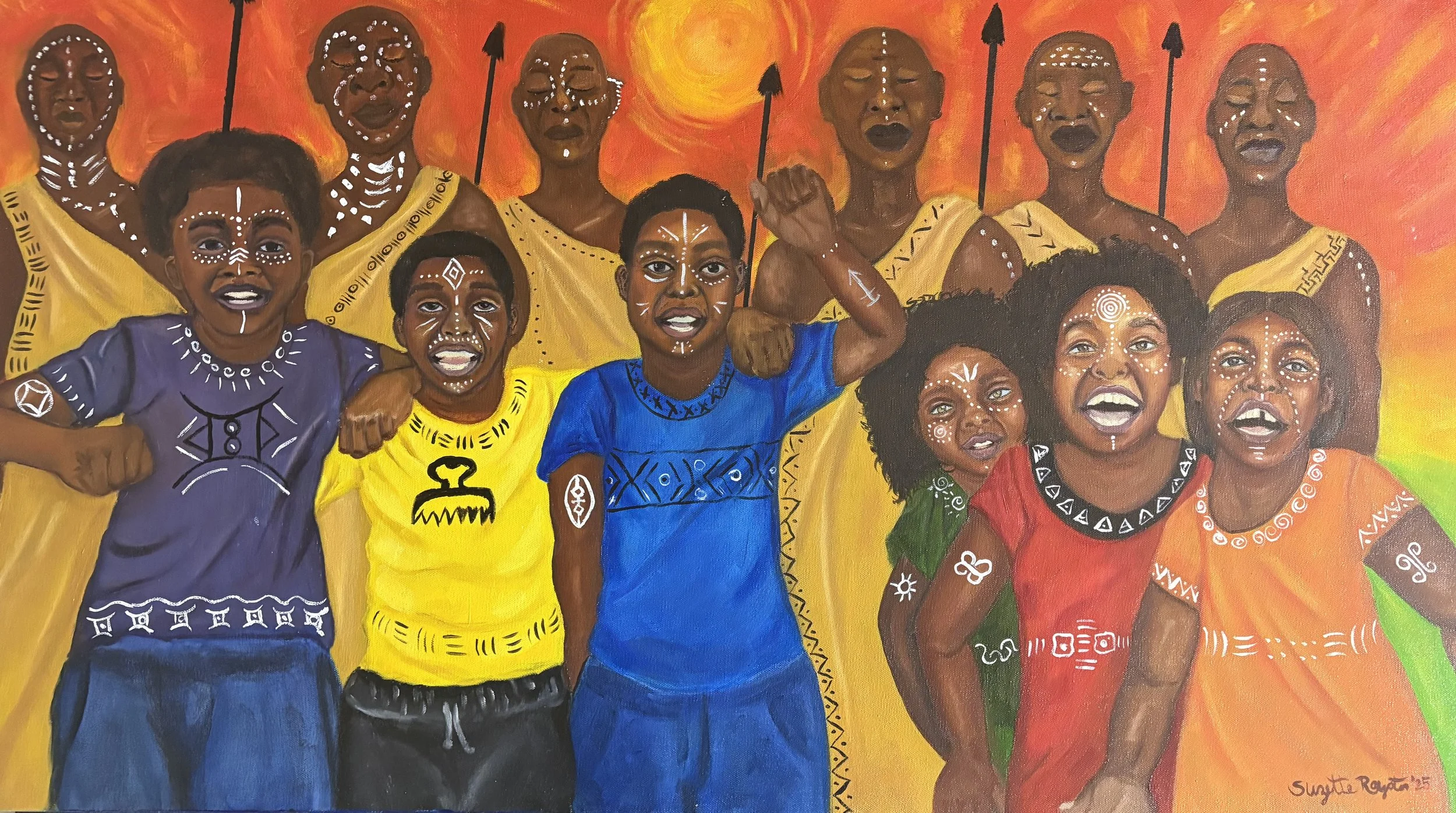 A vibrant painting of a group of African people in colorful traditional clothing and face paint, standing against a warm orange background with a stylized sun rising or setting.
