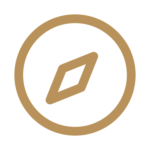 An icon of a diamond shape inside a circle, all in brown on a black background.