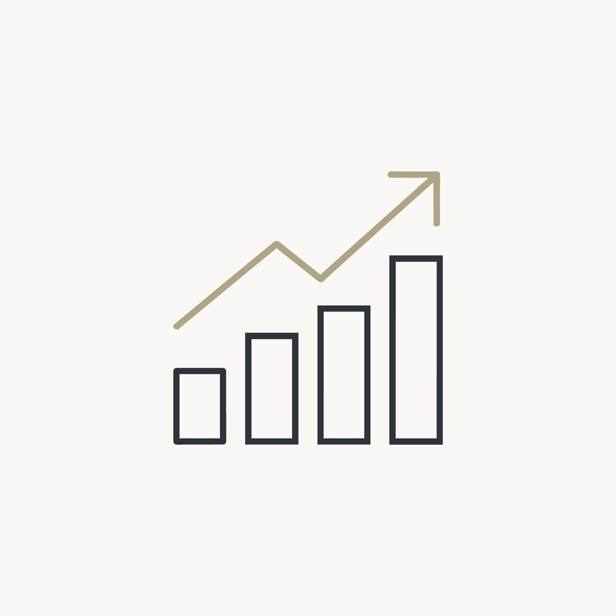A minimalist line graph with an upward trending arrow, featuring five vertical bar segments in black and beige against a light background.