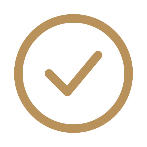 Brown check mark inside a brown circle on a black background.