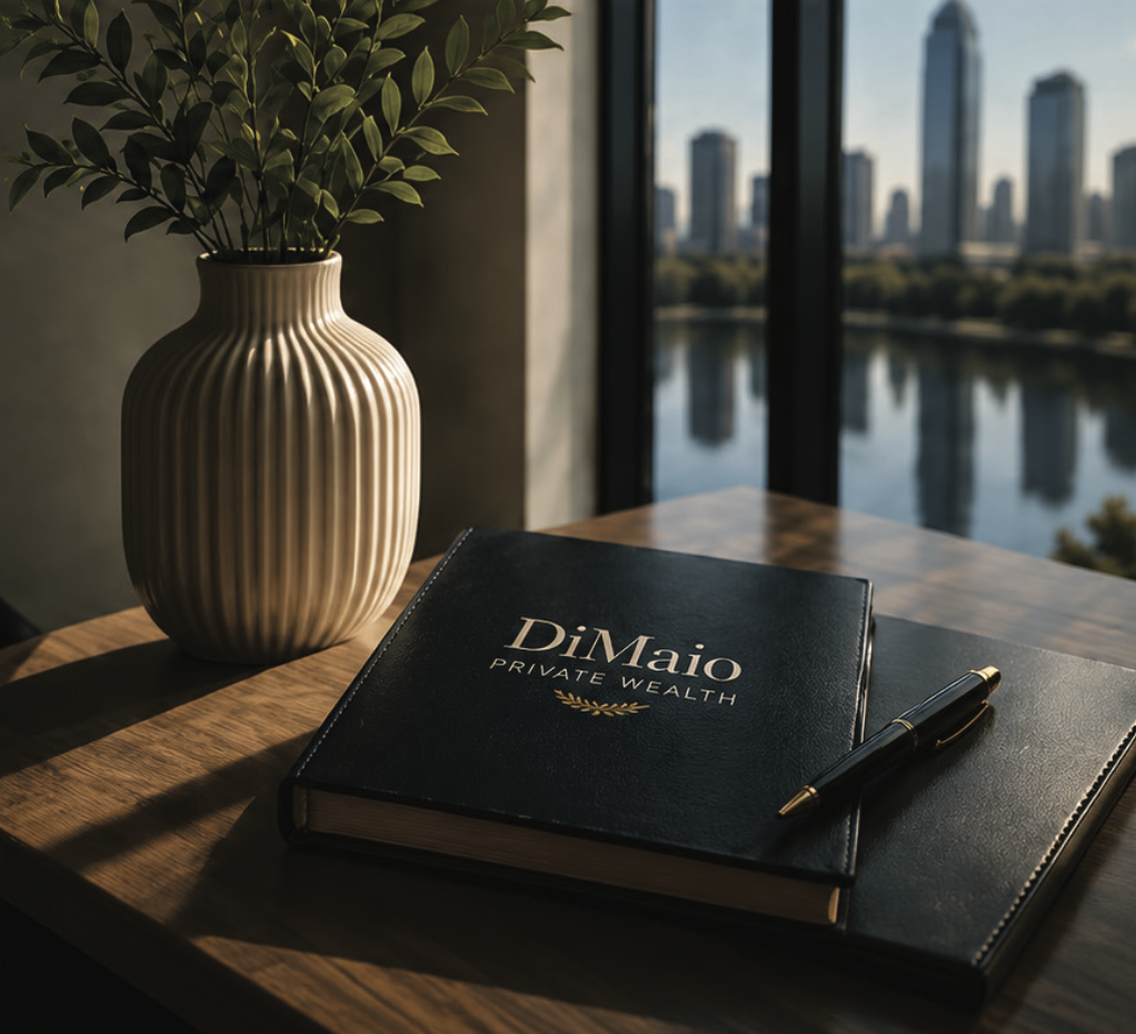 A view of a city skyline through a window. On a wooden desk, there is a large white ceramic vase with green leaves, a black business notebook labeled "DiMaio Private Wealth," a closed black folder, and a gold and black pen.