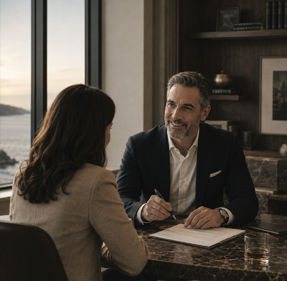 A man and woman sit at a table in a meeting room with a large window showing a waterfront view during sunset. The man is smiling, holding a pen, and looking at the woman; the woman has her back to the camera. The table has a glass of water and papers.