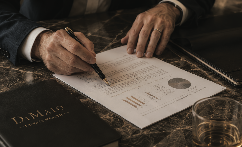 Hands of a man in a suit reviewing financial documents with charts and graphs, on a marble desk, with a black notebook labeled 'DIMAO PRIVATE WEALTH' and a glass of water nearby.