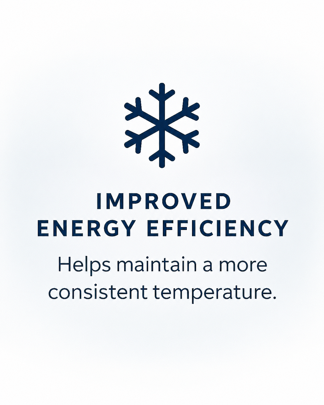 A blue snowflake icon with text that reads 'Improved Energy Efficiency' and 'Helps maintain a more consistent temperature' on a white background.