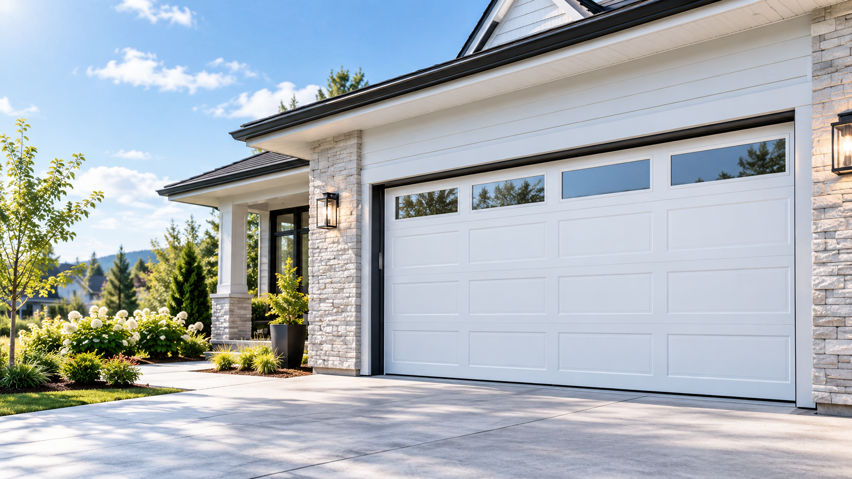 Modern house with white garage door, stone and siding exterior, front porch with plants, and outdoor lighting, under a blue sky with clouds.