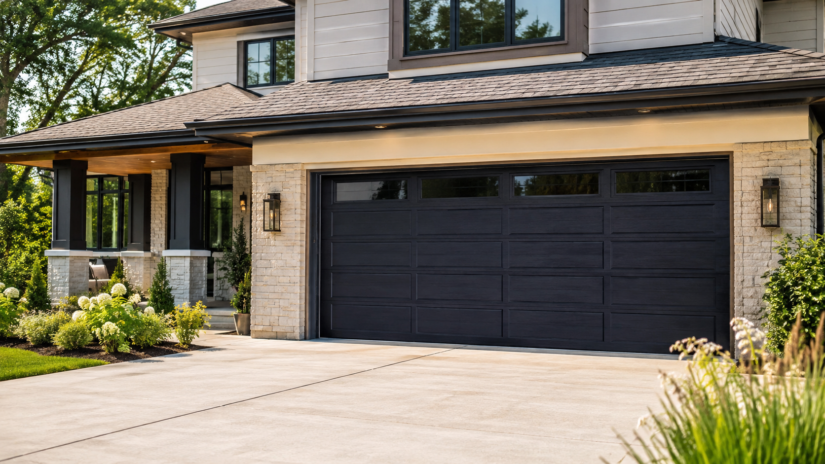 Front view of a modern house with a black garage door, stone and siding exterior, and landscaping with flowers and bushes.
