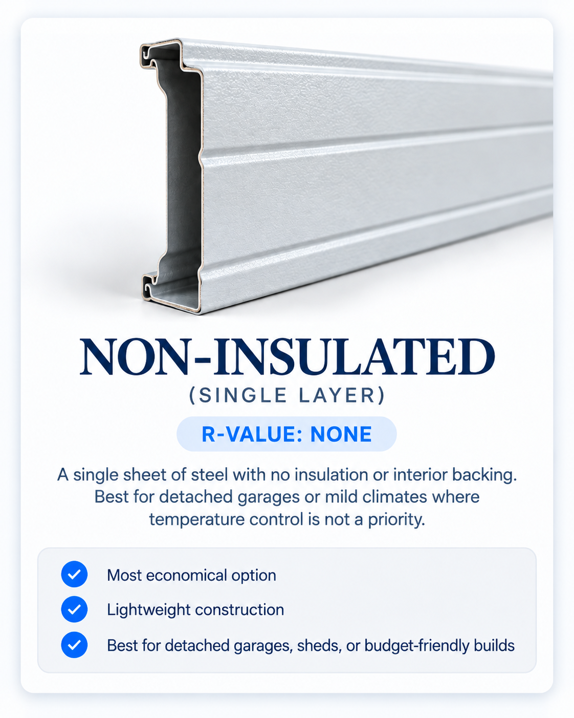 Close-up of a single sheet of non-insulated, single-layer steel siding with a textured surface, displayed against a white background.