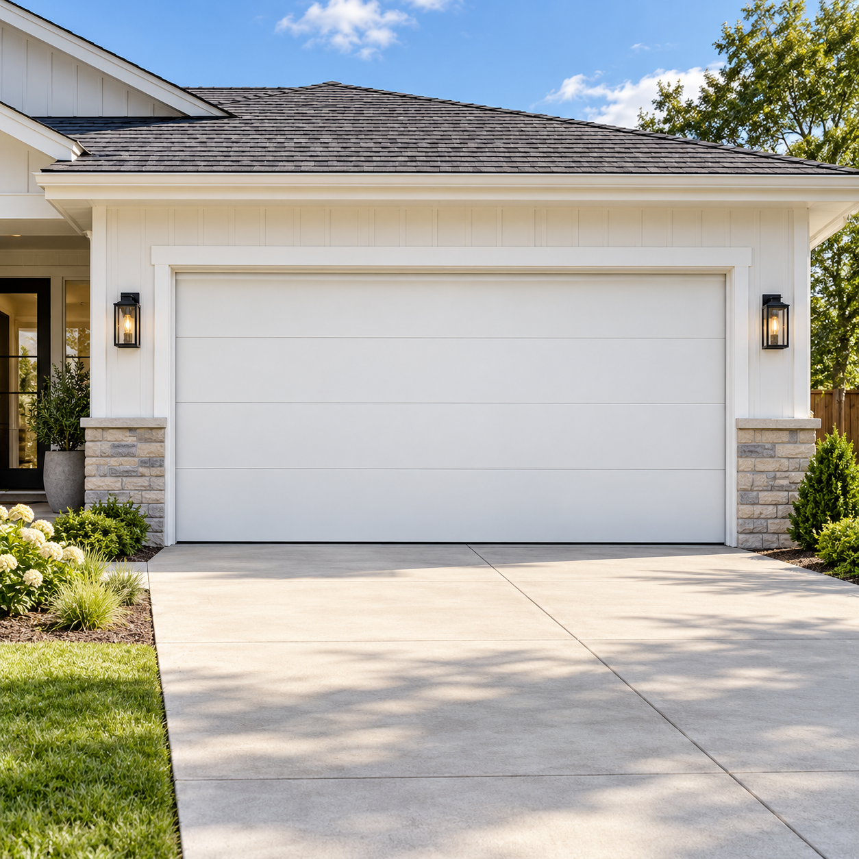 White flush garage door with two exterior wall-mounted lantern lights on a modern house with stone accents, surrounded by landscaped greenery and a concrete driveway.