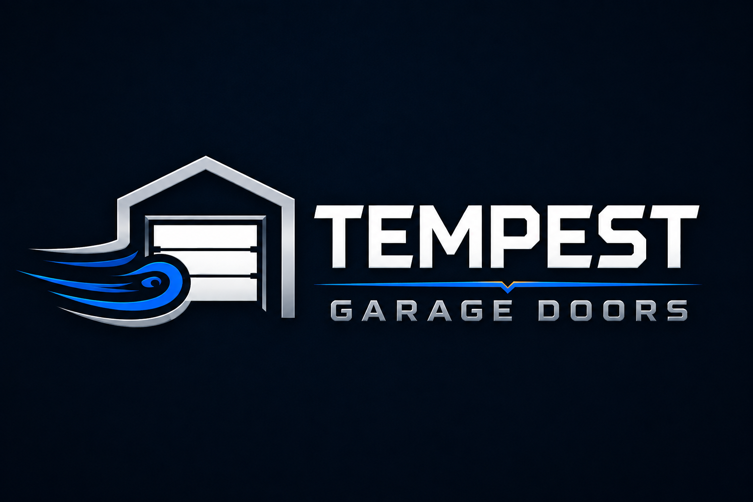 Logo for Tempest Garage Doors featuring a stylized garage with wind lines and the company name.