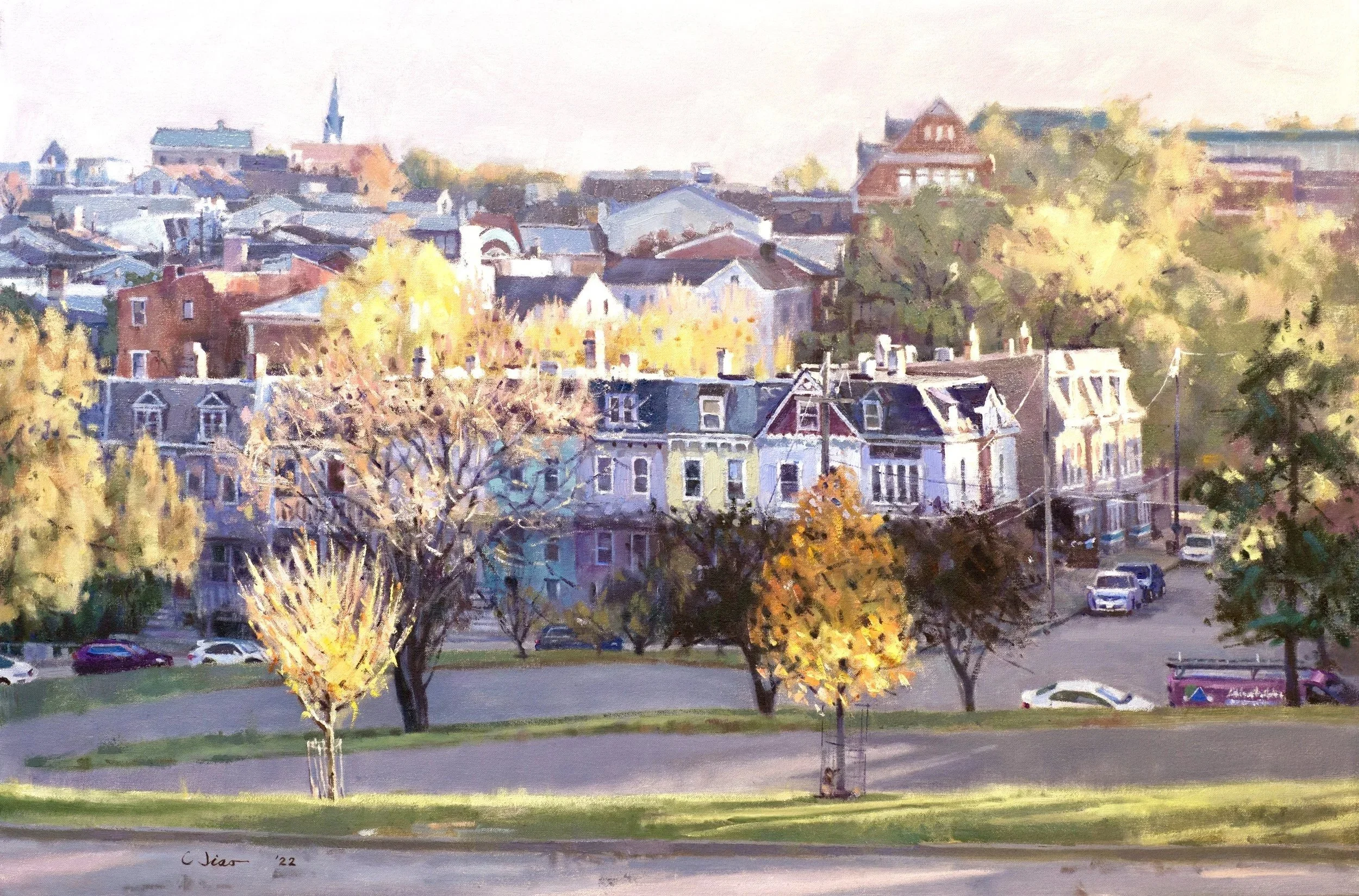 Autumn Hues On Mt. Adams, Cincinnati, 2022. Oil on canvas — 24 x 36 in.