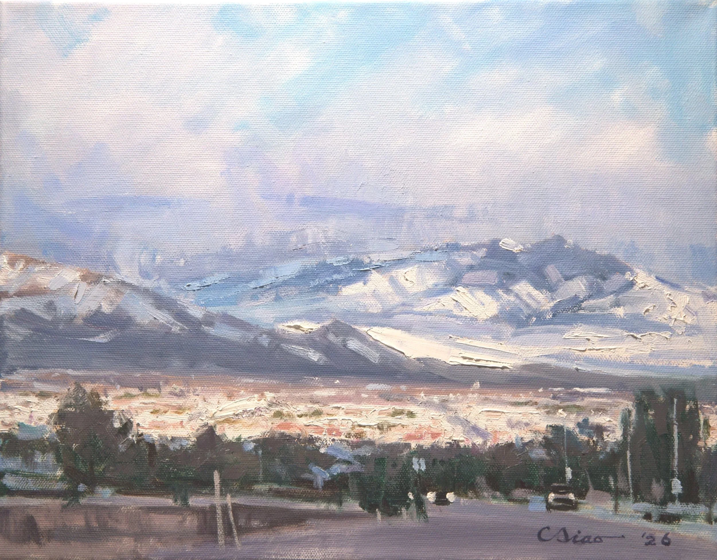 Brief Winter In Centennial Hills, Las Vegas, 2026. Oil on canvas — 11 x 14 in.
