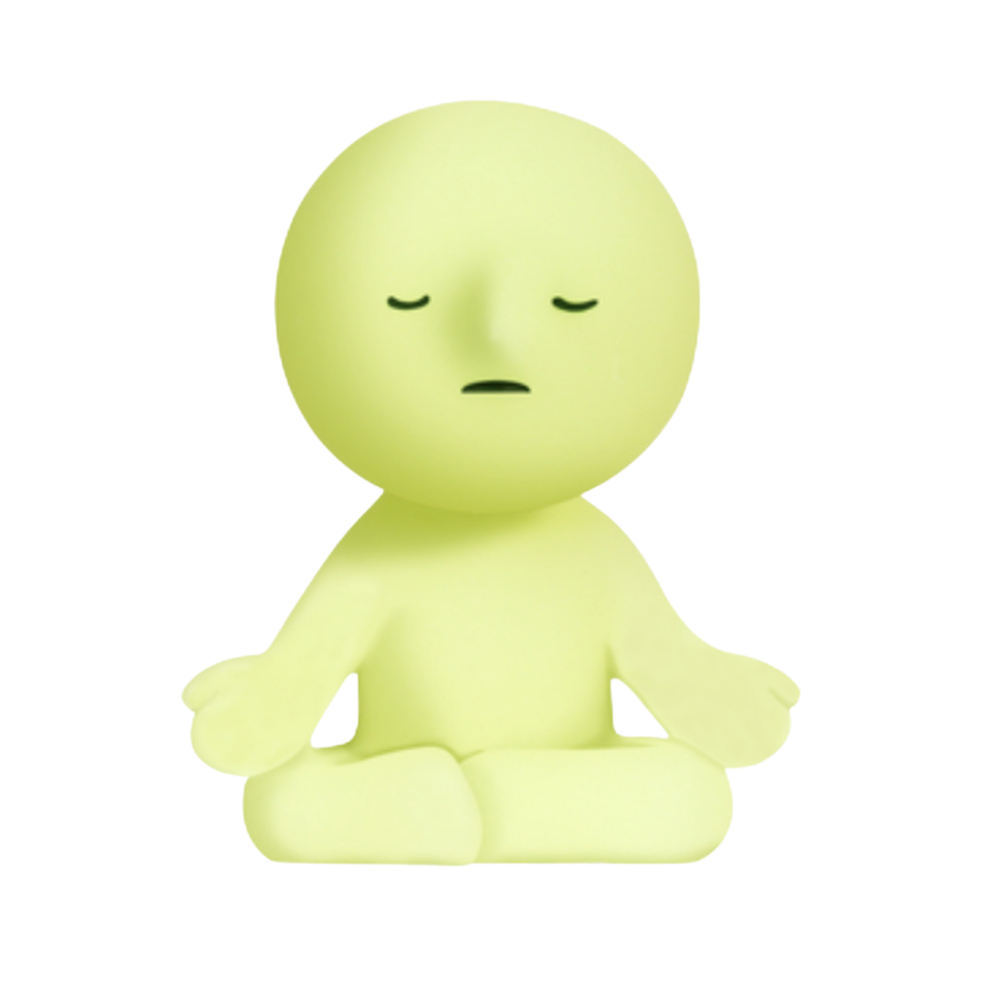 Animated yellow-green character with closed eyes and a neutral expression, sitting with legs crossed and arms resting on knees.