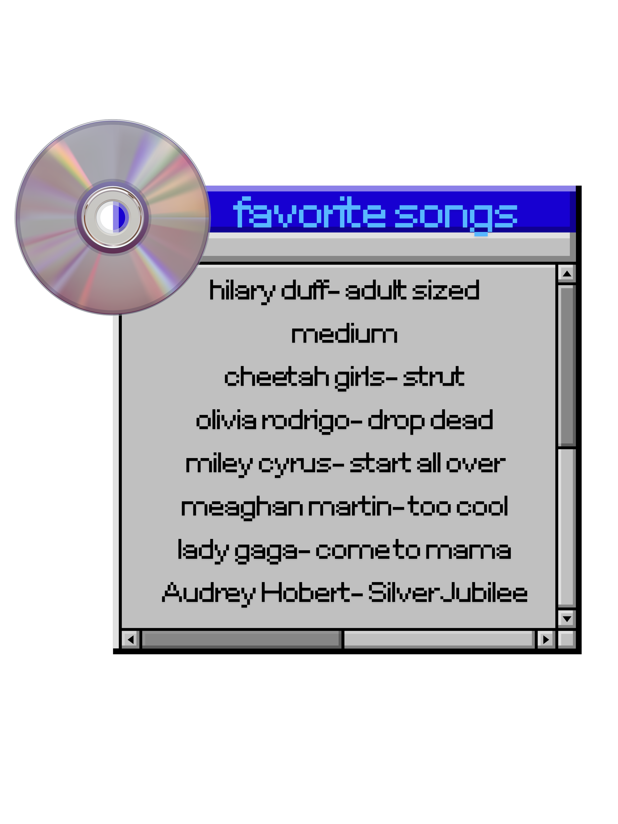 A digital music playlist interface with a compact disc image and list of songs including titles like 'hilary duff-adult sized medium' and 'lady gaga-come to mama'