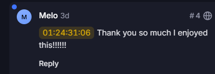 A digital message with a timestamp of 01:24:31:06 thanking someone for enjoying the experience.