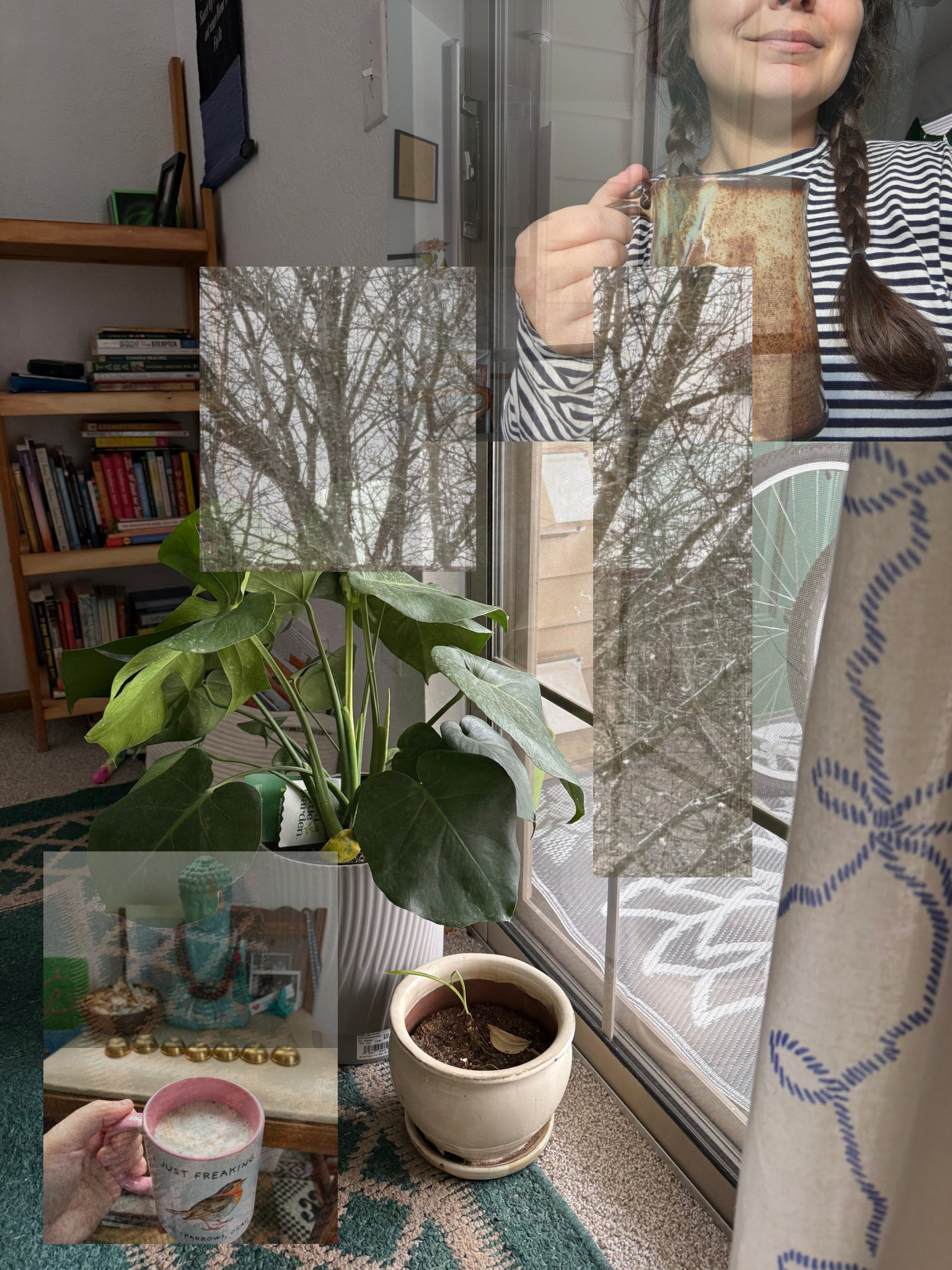 A person holding a mug of coffee with a woman smiling near a window, a large potted plant, a bookshelf, a small potted plant, a candle, and a cup of coffee on a table.