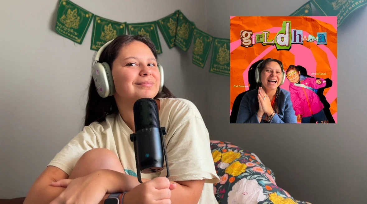 A young girl sitting on a colorful floral bedspread, wearing a beige T-shirt and large headphones, holding a microphone with a smile. There is a green decorative banner hanging on the wall behind her and a colorful graphic inset with similar content, including the words "Girl Dhamma" and a picture of the girl and another young girl in a pink jacket.