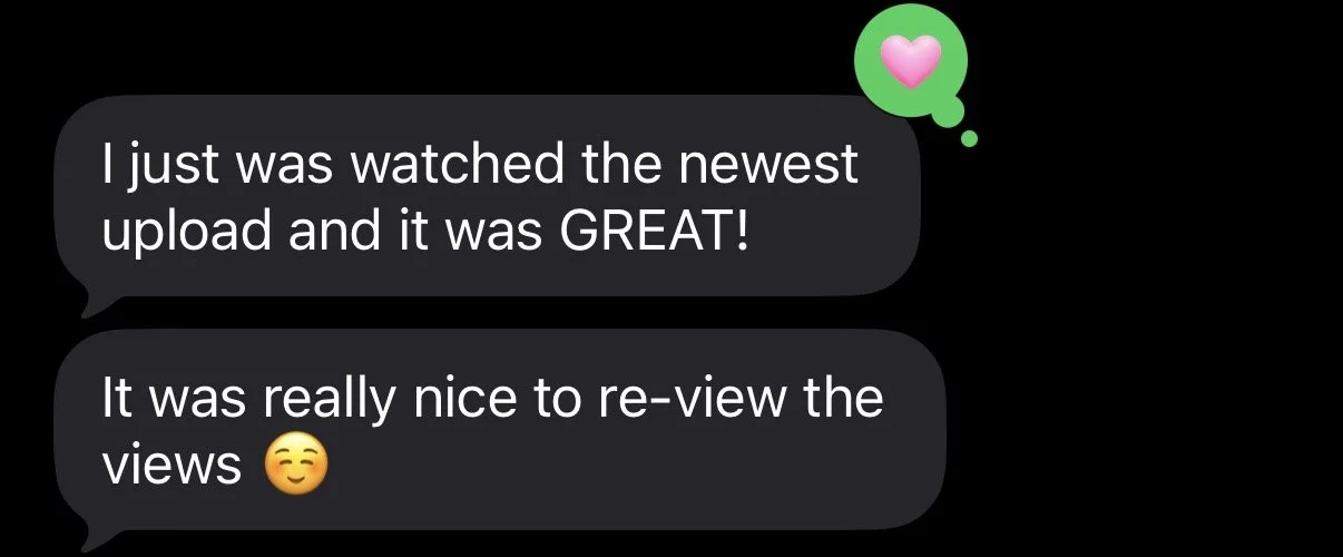 Screenshot of a chat message expressing excitement about a recent video upload, with a pink heart in a green thought bubble icon.