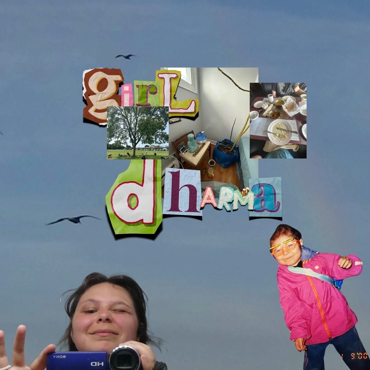 People taking a selfie outdoors with a clear sky, birds flying, and a digital collage of images with the words 'Girl Dham'. The collage includes a tree, an indoor scene with cleaning supplies and a corner of a room, and a table with a meal.