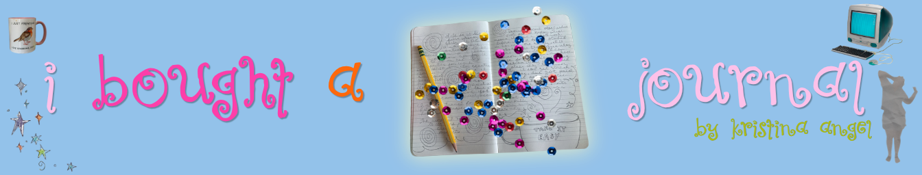 Colorful text reading "i bought a journal" with a journal open displaying a pen and colorful pins, a vintage computer, and a woman silhouette on a light blue background.