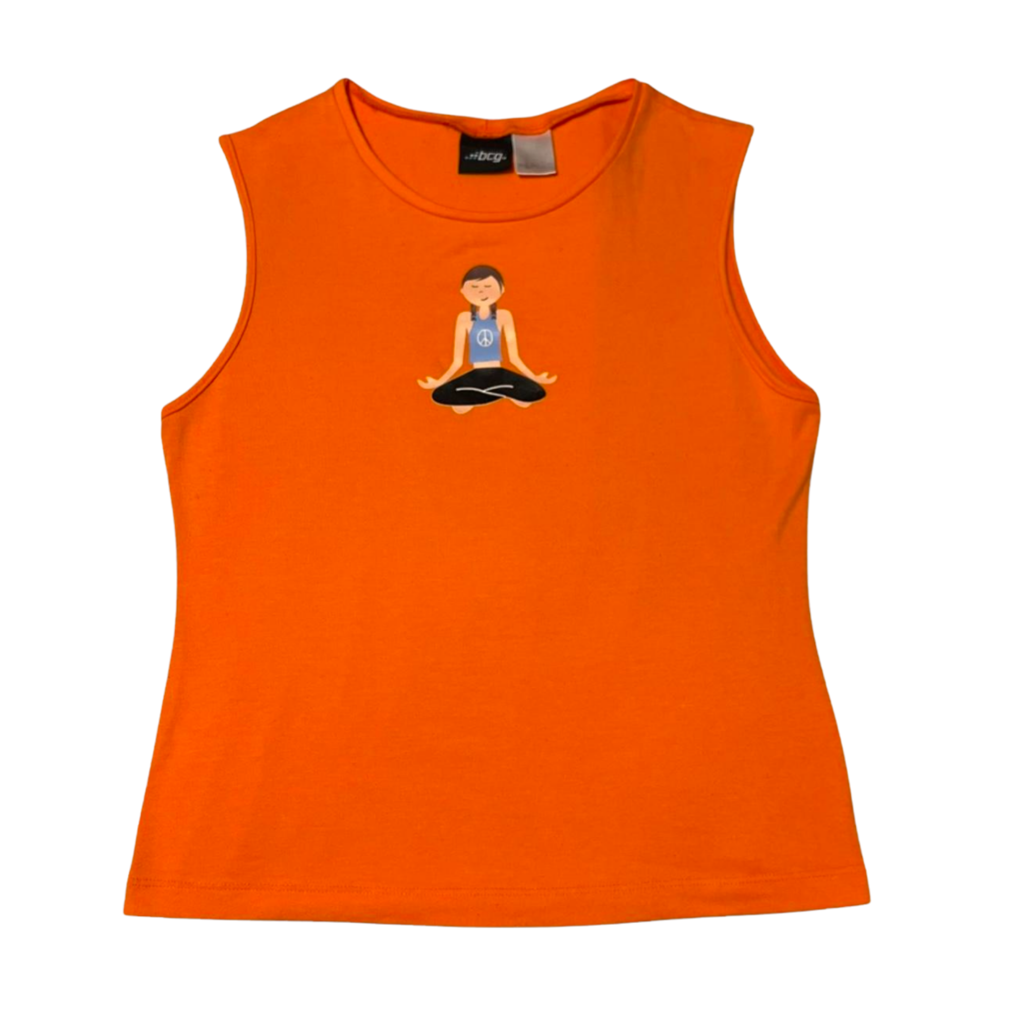Orange sleeveless shirt with a cartoon girl sitting in a yoga pose printed on it.