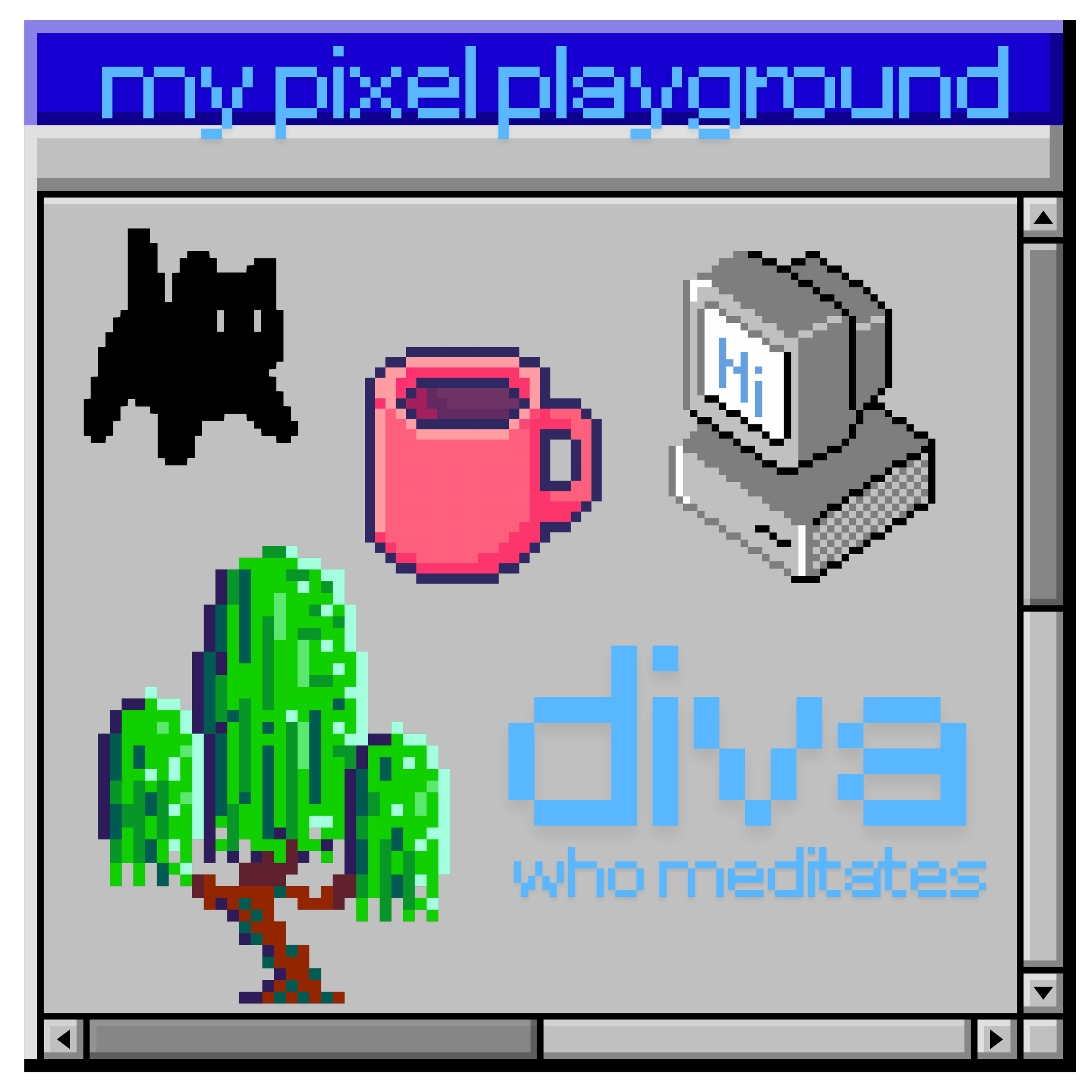 A pixelated screenshot of a computer screen with the title 'my pixel playground'. It features pixel art of a cat, a pink mug, a small desk with a monitor showing the word 'Hi', some green plants, and pixelated text that reads 'who needs'.