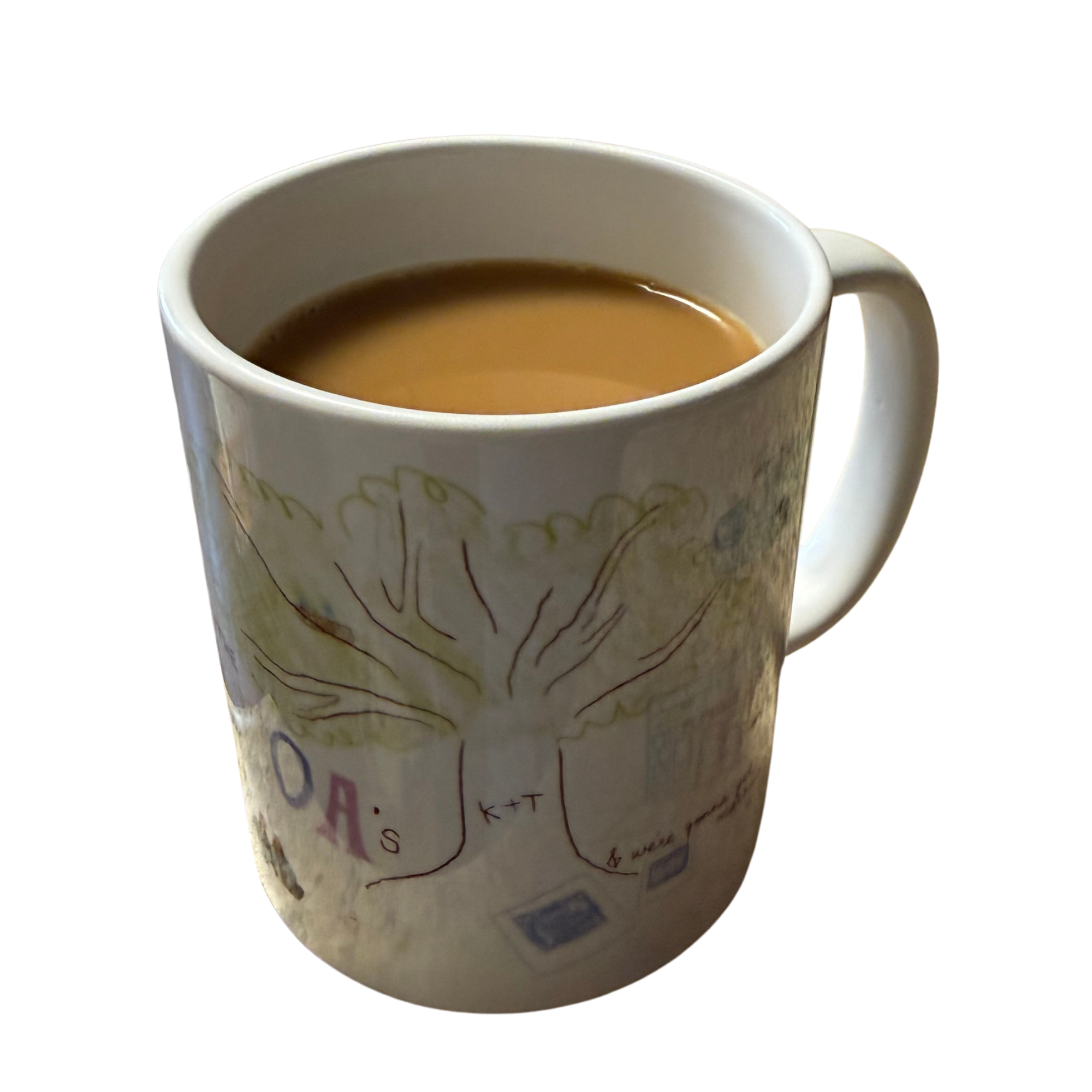 Close-up of a ceramic mug filled with coffee, with handwritten notes and sketches on the mug's surface.