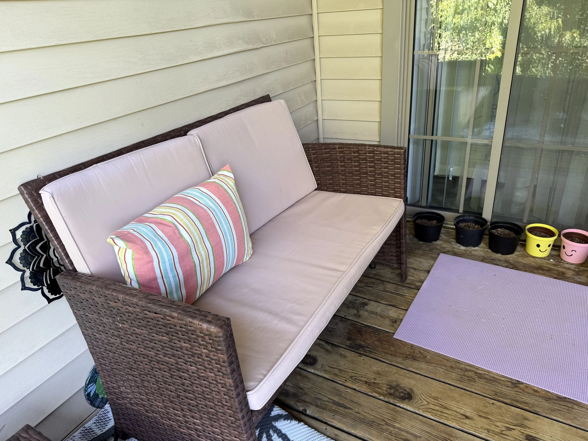 every morning on my balcony and I get to watch the birds in the trees and the ducks in the pond and blow a kiss to every cardinal that flies by and then I do my morning yoga.