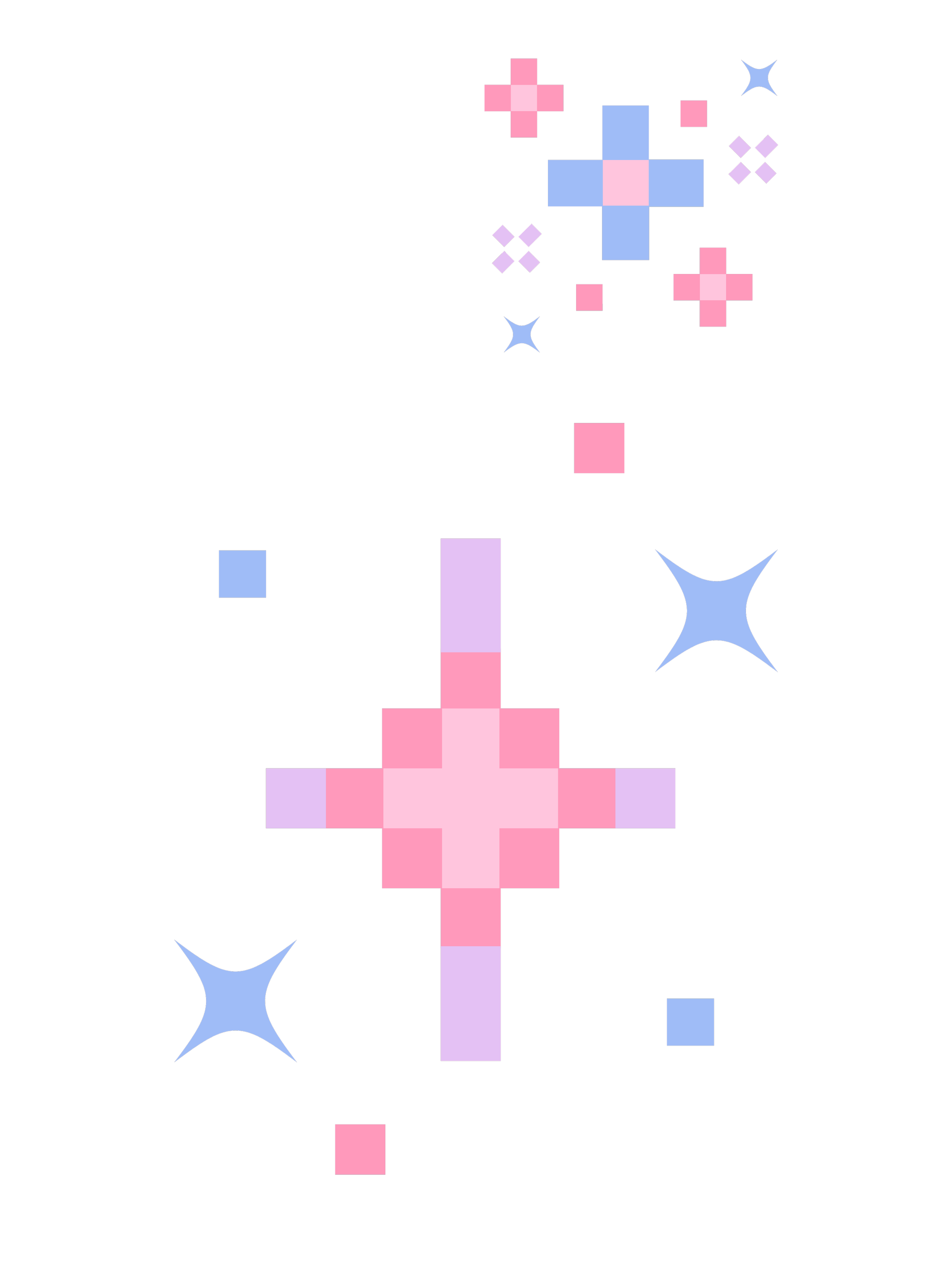 A pixelated, colorful cross with pink, purple, and blue shades, surrounded by star-shaped and small square decorative elements on a black background.