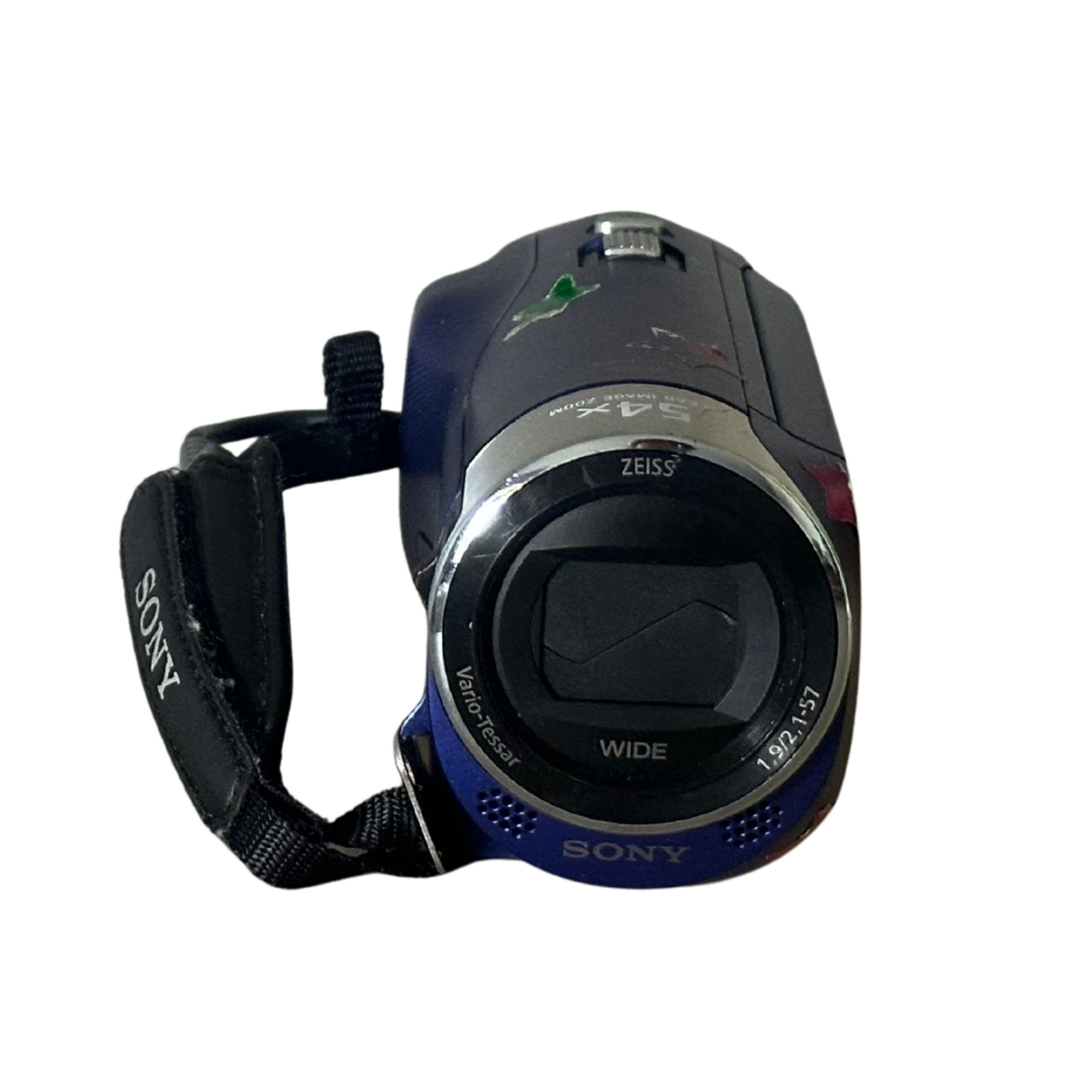 Black and blue Sony zoom camera with a lens labeled 24-120mm, mounted on a strap, against a black background.