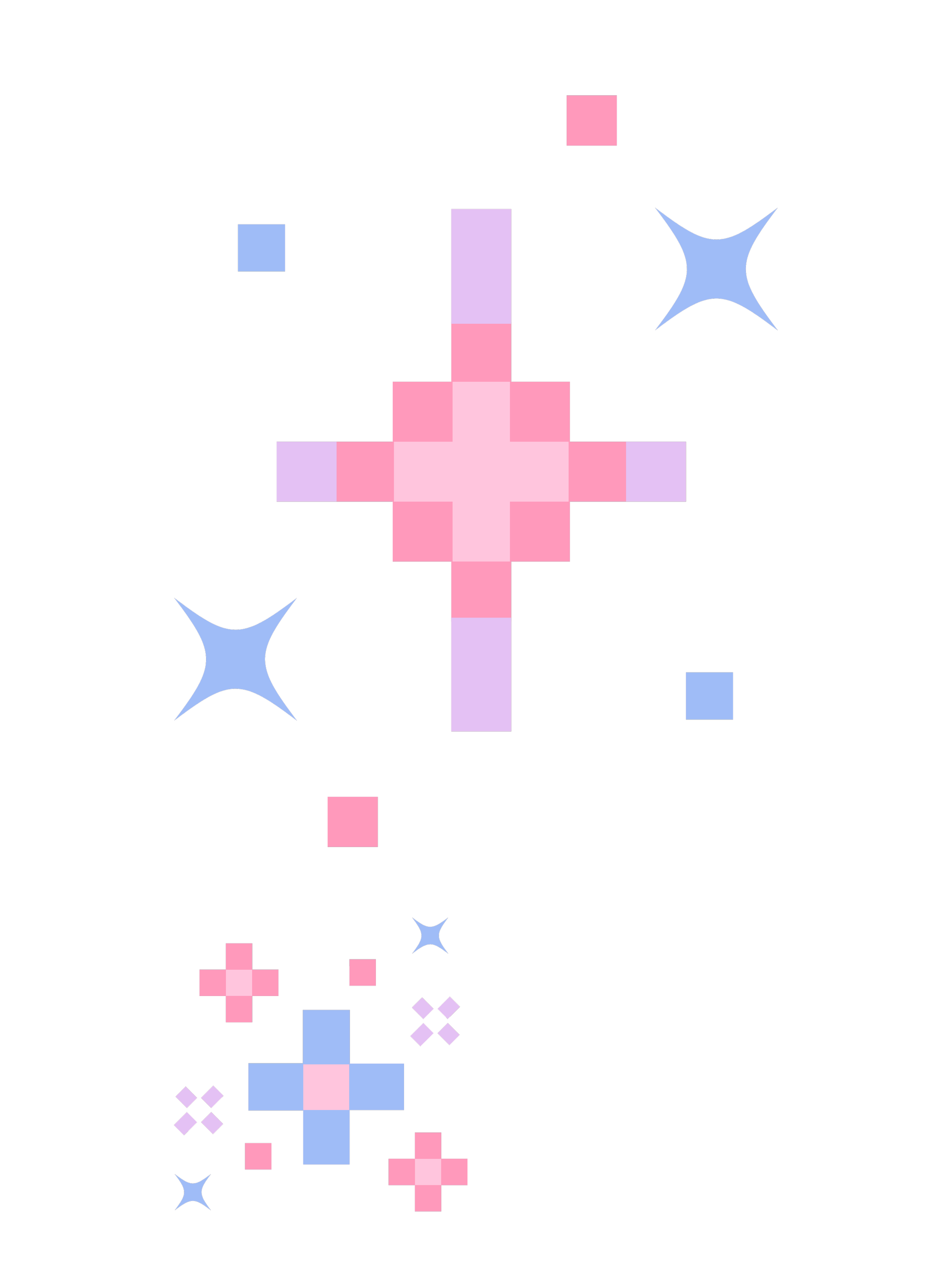 A colorful explosion of pixelated shapes, predominantly in pink and blue, with some star-like figures on a black background.