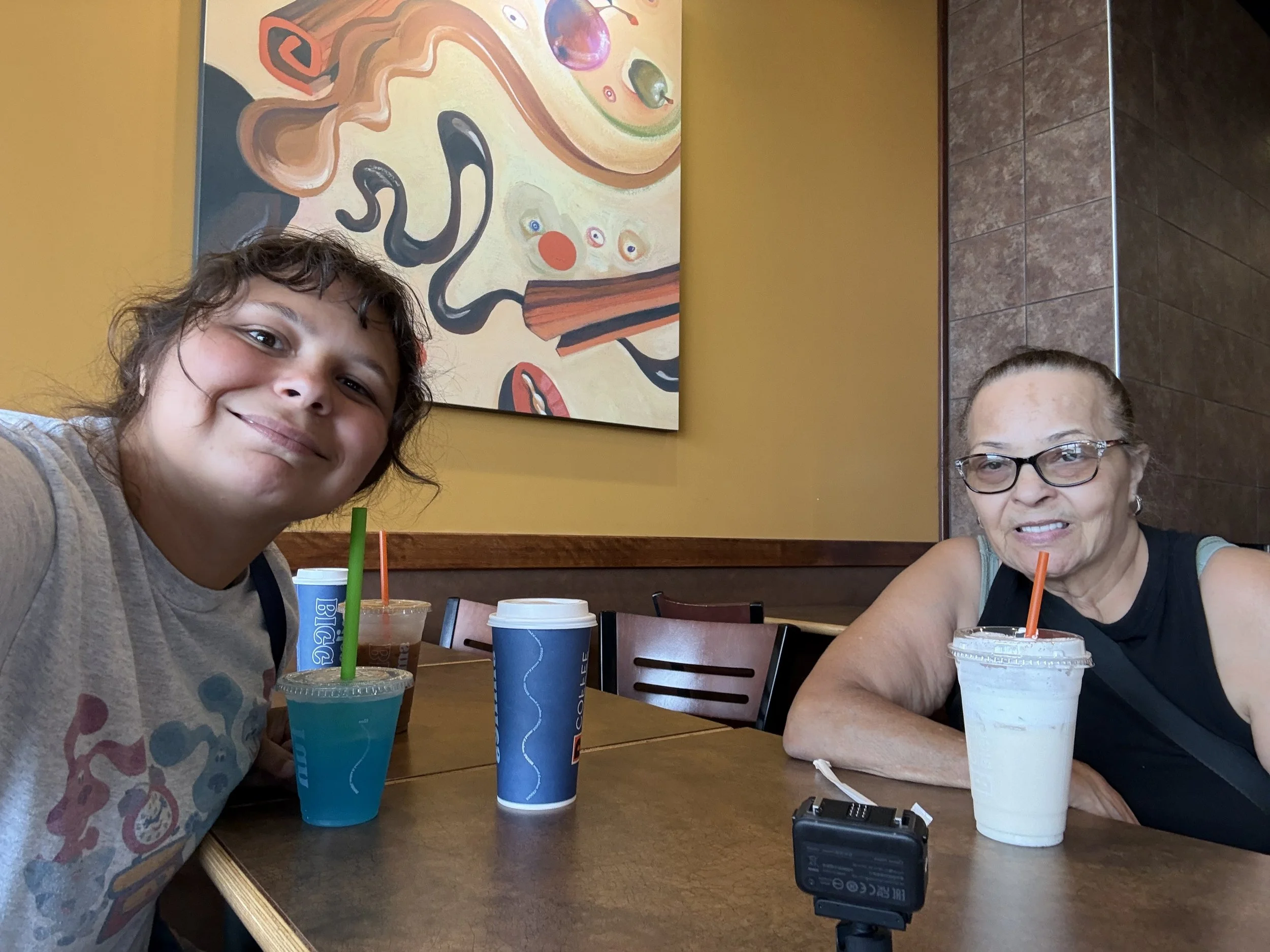 Biggby coffee- iced Neapolitan latte, almond milk no whip. I love this photo of me and grandma... she did not like her drink lol