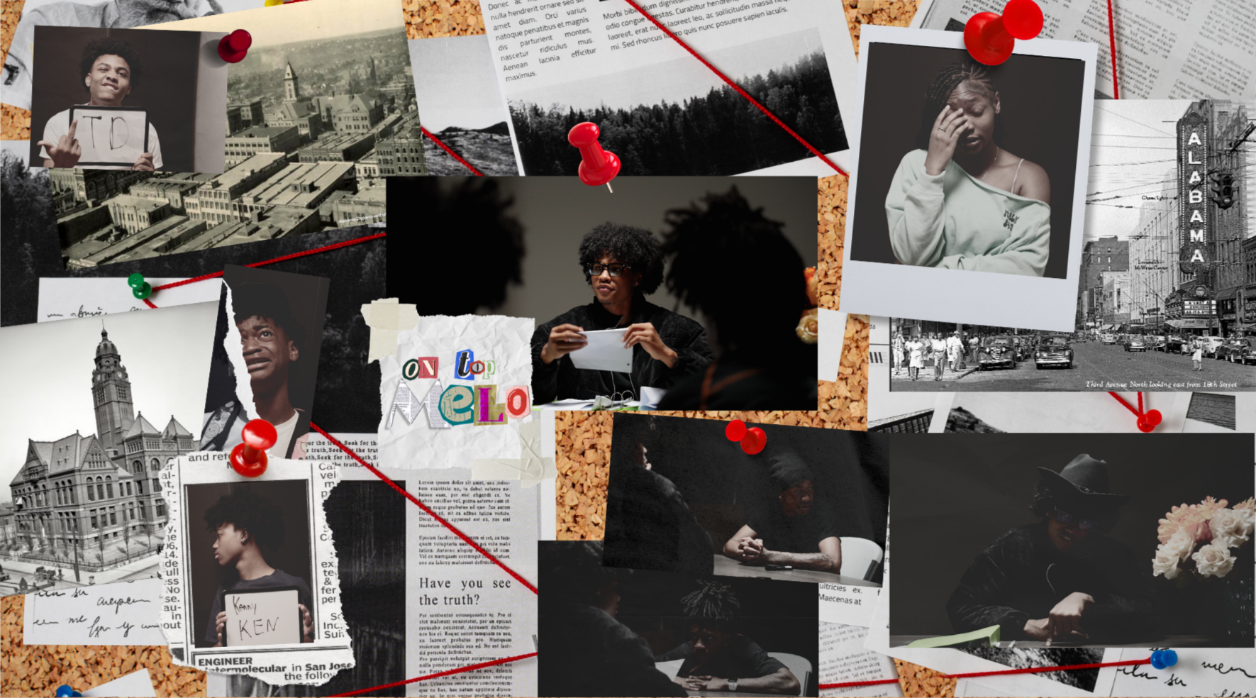 A collage of black and white and color photographs, papers, and notes pinned with red and green pushpins on a corkboard. Images include people, cityscapes, and handwritten notes, with some text and colorful cut-out letters spelling 'ON TOP MELO'.