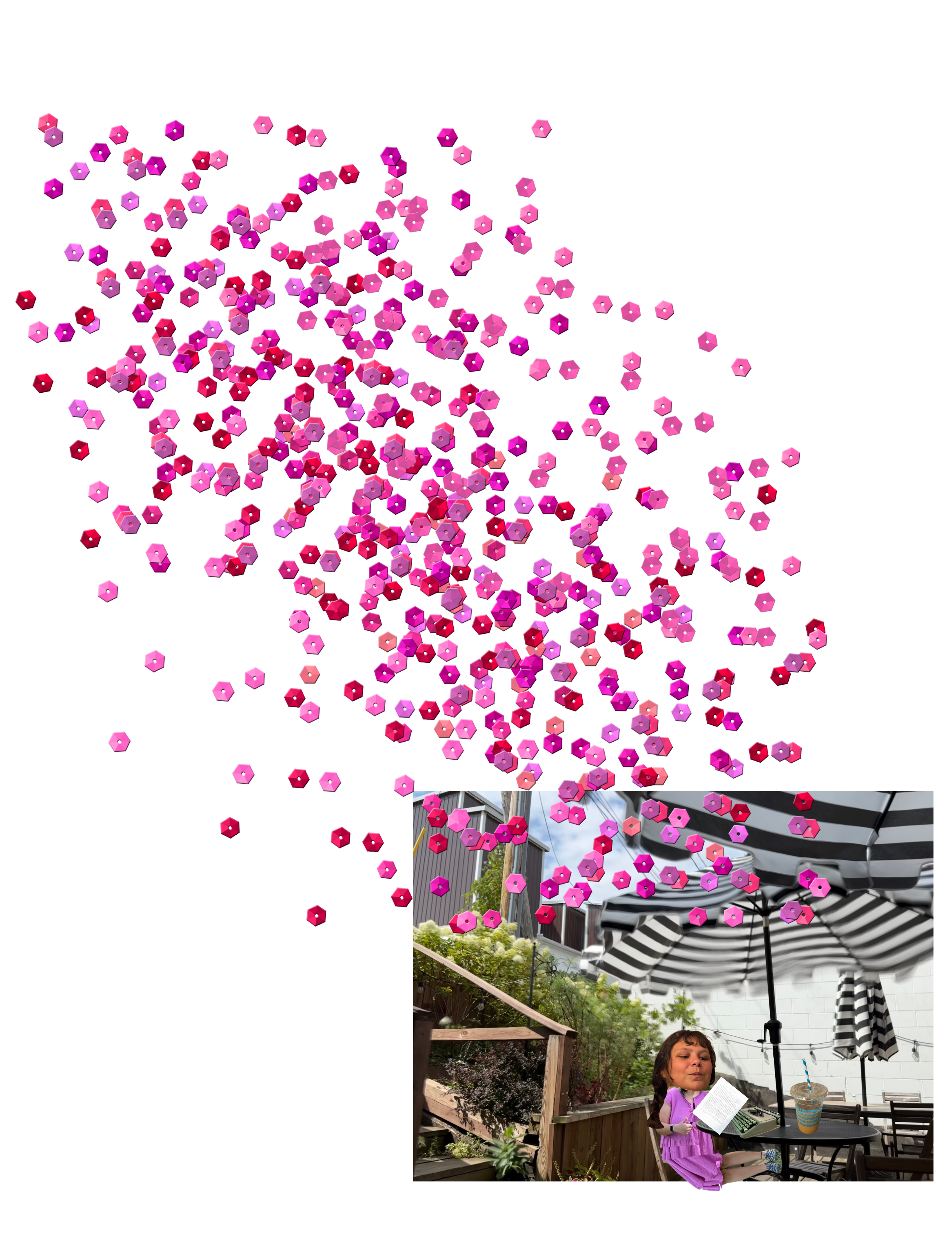 Image collage with a digital rendering of a cluster of pink and purple hexagonal shapes in the top-left corner, a photo of an outdoor seating area with striped umbrellas, a woman with long hair sitting at a table reading a book, with a drink and a calculator, and a garden with a wooden raised bed and lush greenery.