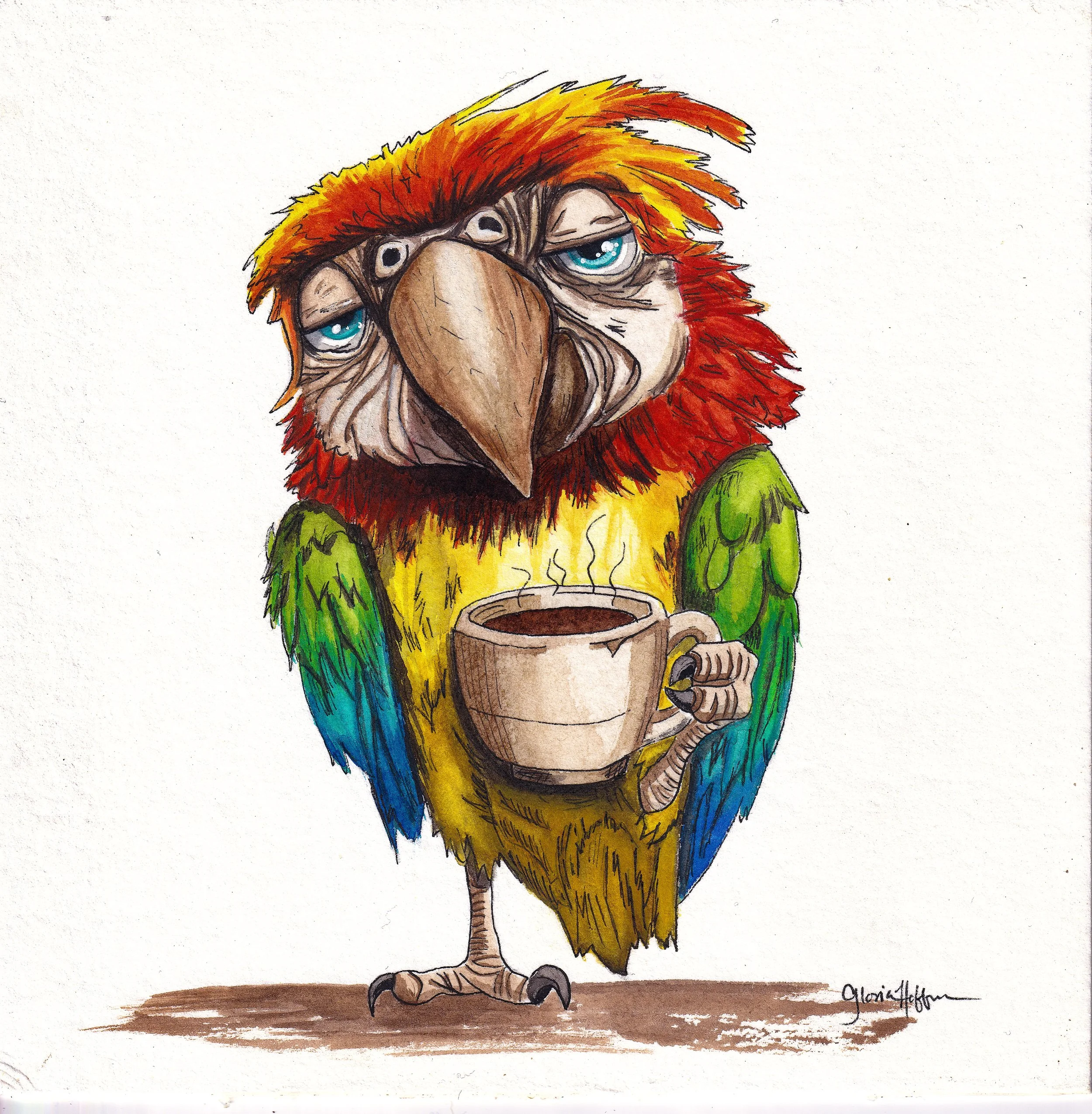 Original Watercolor Print of a Grumpy Parrot Drinking Coffee