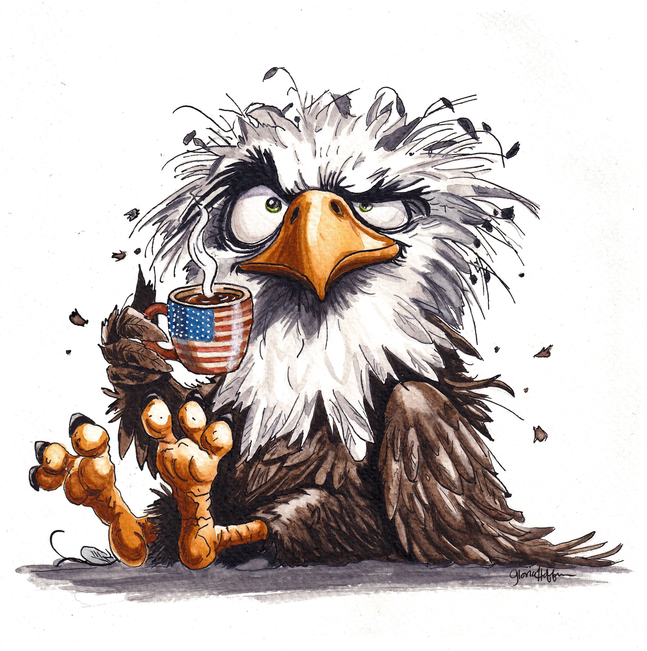 Original Watercolor Print of a Grumpy Eagle Drinking Coffee