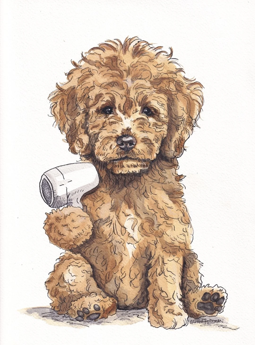 Original Watercolor Print of a Goldendoodle Blow Drying Her Hair