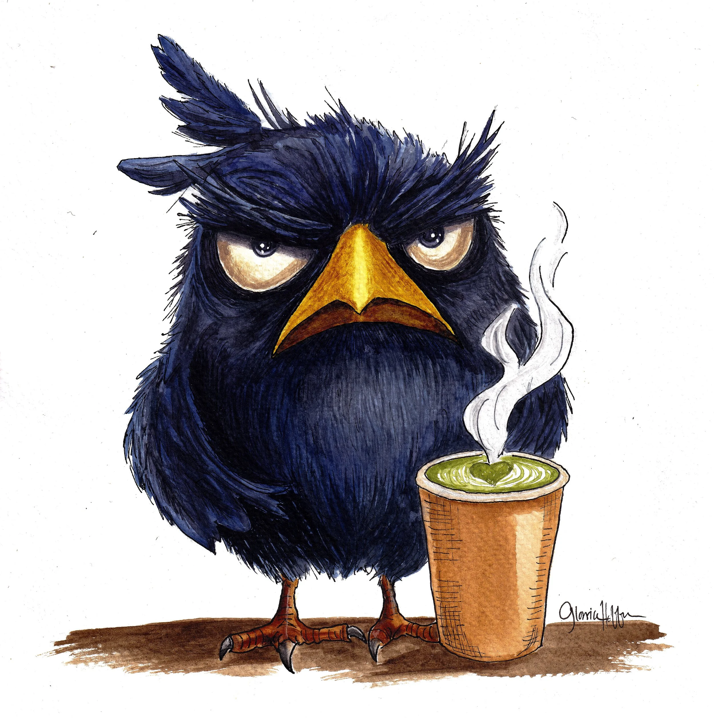 Original Watercolor Print of a Grumpy Navy Bird Drinking Matcha