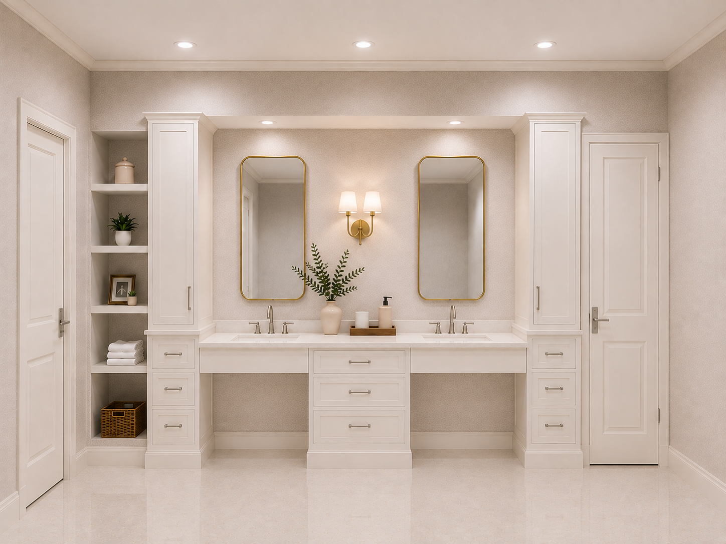 A modern, minimalist bathroom vanity area with two sinks, two mirrors, a wall-mounted light fixture, and built-in storage cabinets on both sides. Decor includes a vase with greenery, soap dispenser, candles, and neatly folded towels.