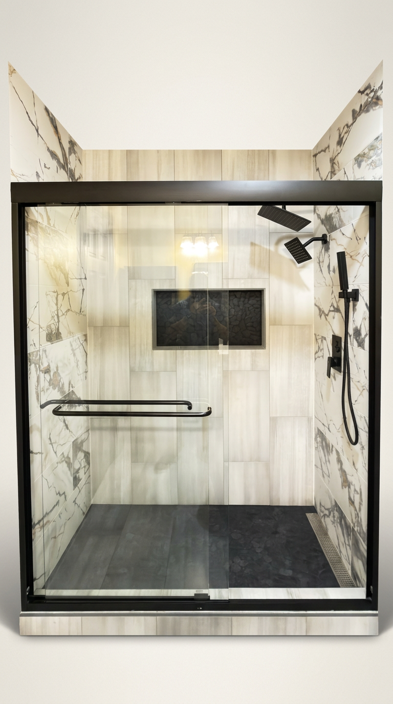 Modern walk-in shower with marble and light-colored tiles, black fixtures, a handheld showerhead, two overhead shower panels, a built-in niche, a grab bar, and a drain on the floor.
