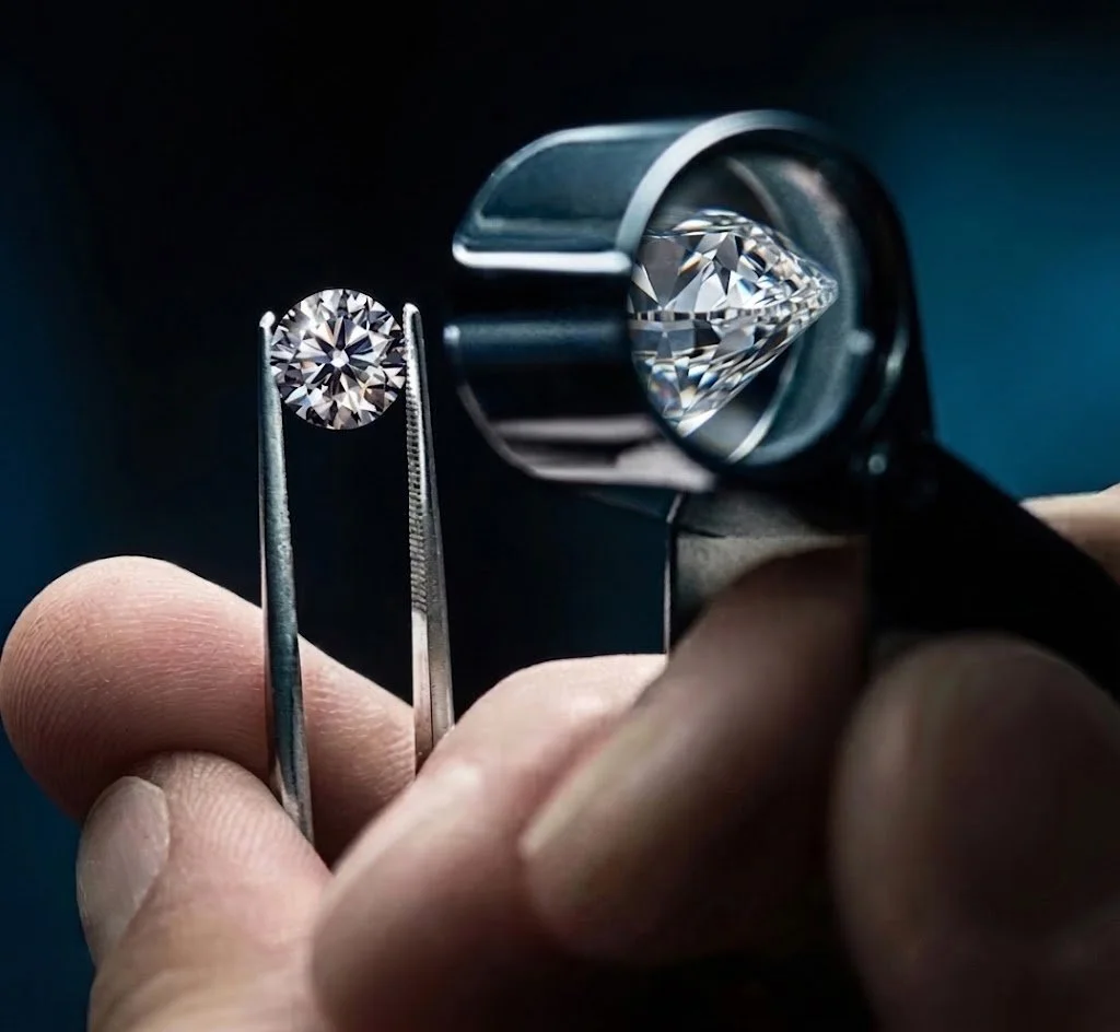 Close-up of a diamond being examined with a loupe and a diamond test file in a jewelry setting.
