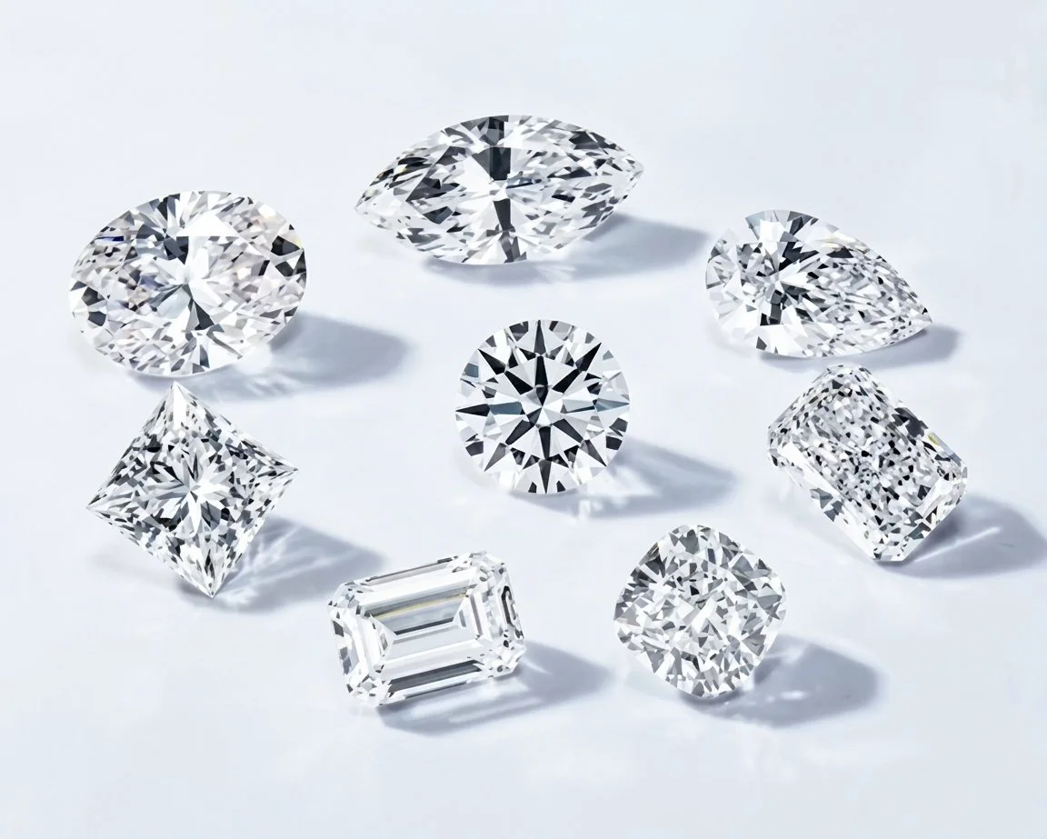 Various cut diamonds of different shapes and sizes on a white background.