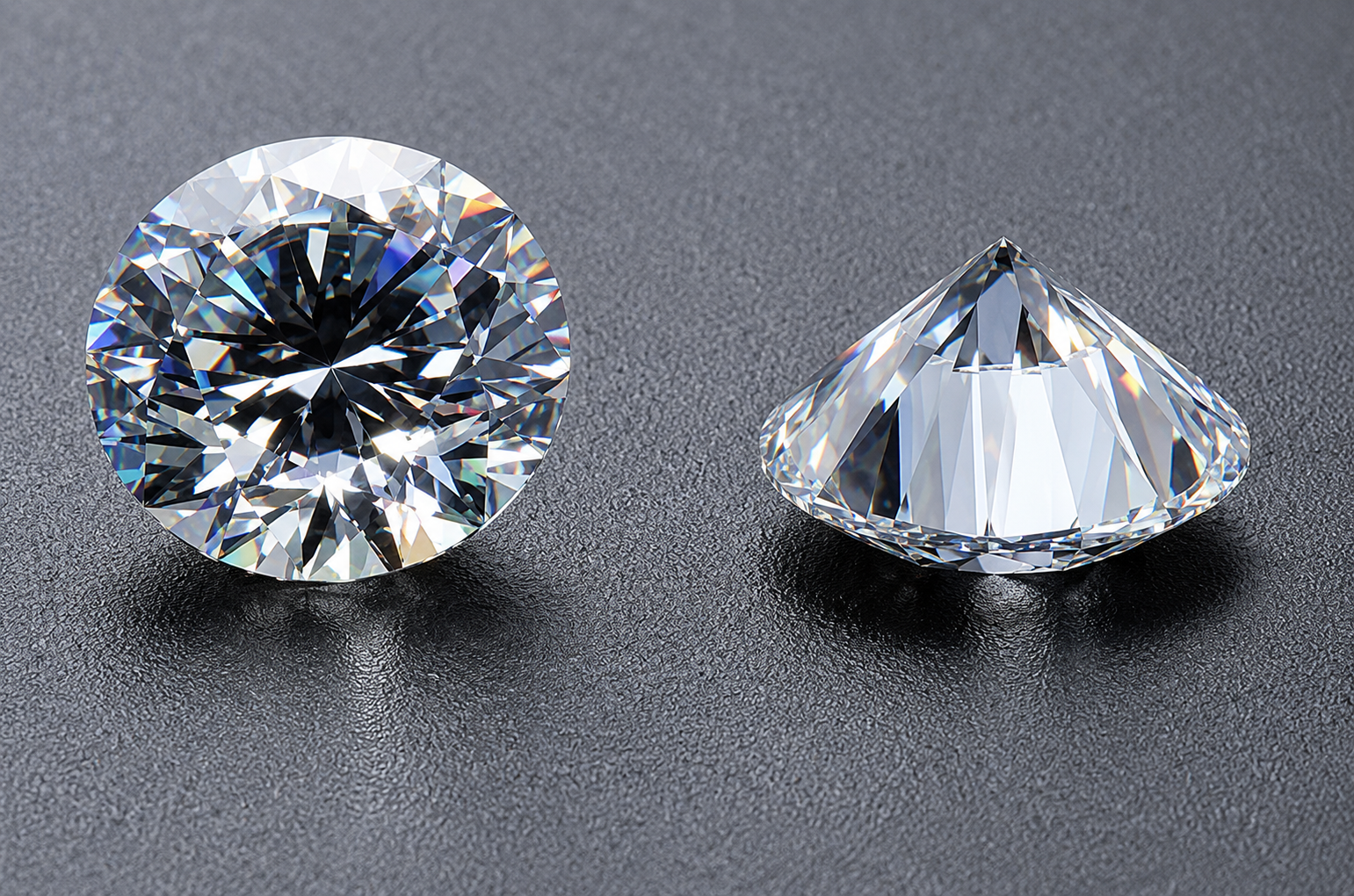 A round brilliant-cut diamond and a conical-shaped diamond on a black textured surface.