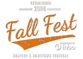 Huntley Fall Fest logo in orange script with downtown skyline silhouette, presented by fnbo