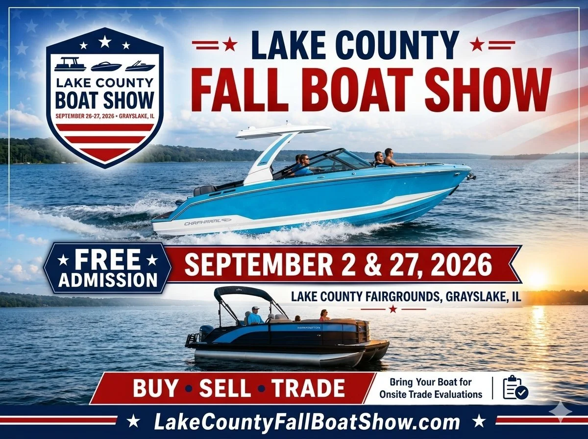 Lake County Fall Boat Show poster with a blue speedboat and pontoon boat on the water at Lake County Fairgrounds, September 26-27