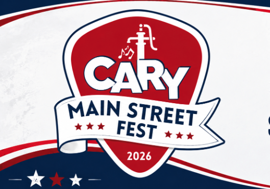 Cary Main Street Fest 2026 red and white shield logo with musical notes and stars