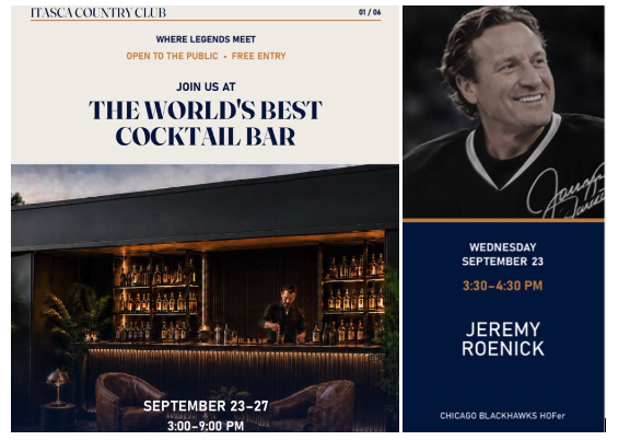 Itasca Country Club promotional graphic for The World’s Best Cocktail Bar pop-up featuring Jeremy Roenick, September 23-27